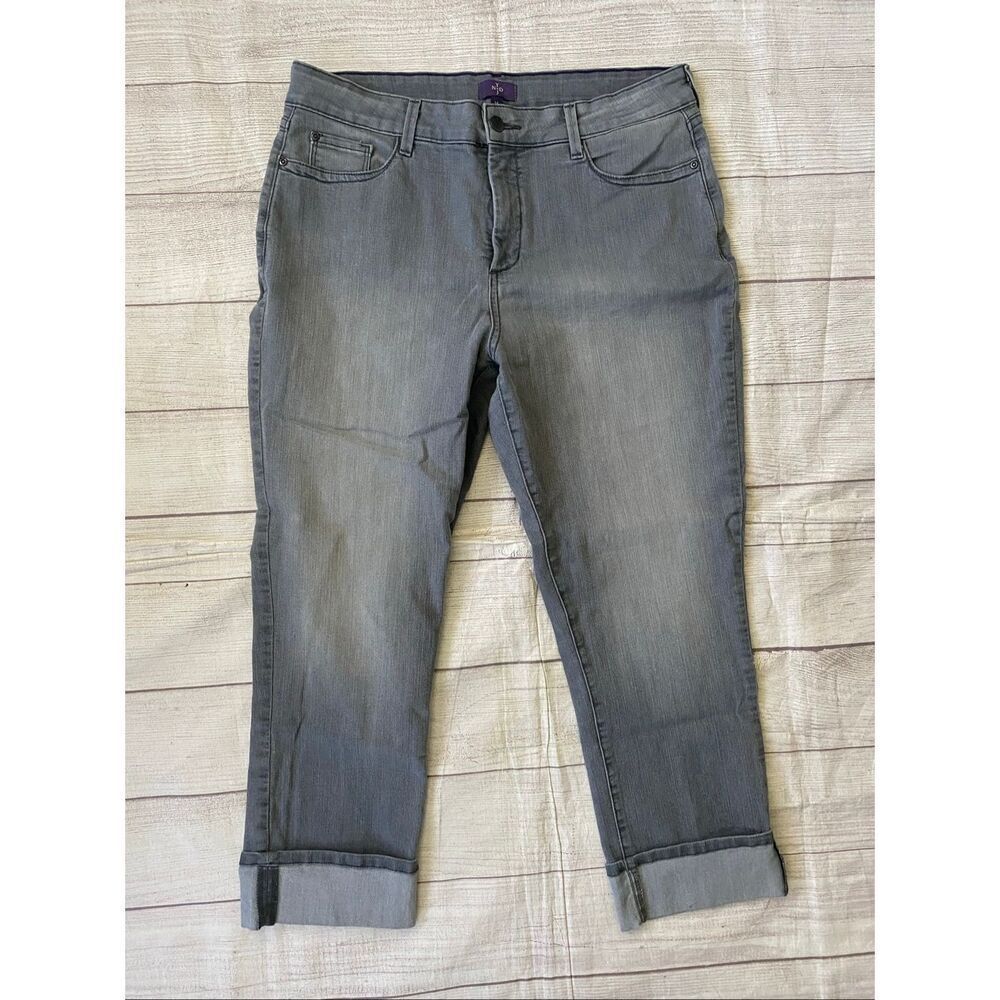 NYDJ women 14 boyfriend stretchy cotton blend cuffed capri jeans grey
